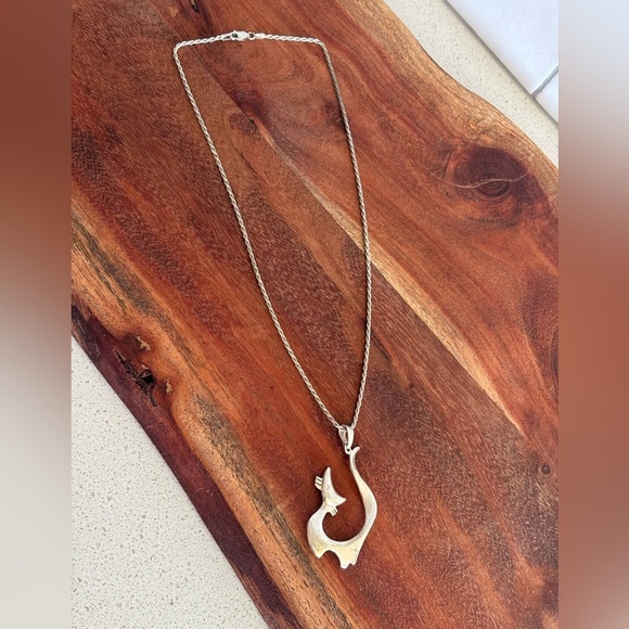 VTG Mid Century Modern 925 Sterling Silver Necklace Abstract Cat Pendant - Picture 2 of 9